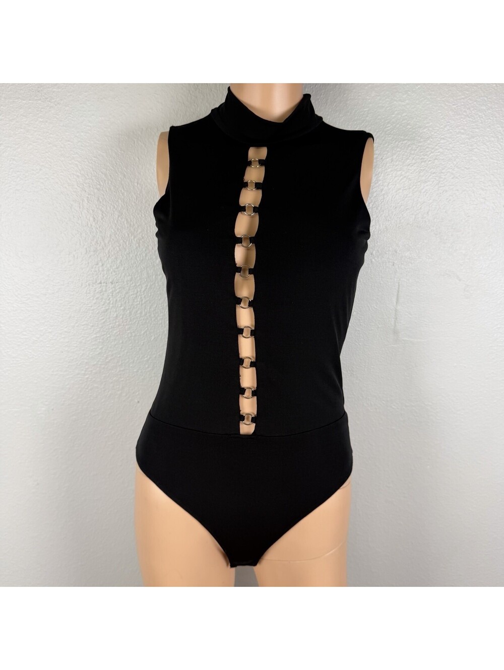 Iris Black O-Ring Cutout Bodysuit Mock Neck Sleeveless Y2K Goth Club Statement M